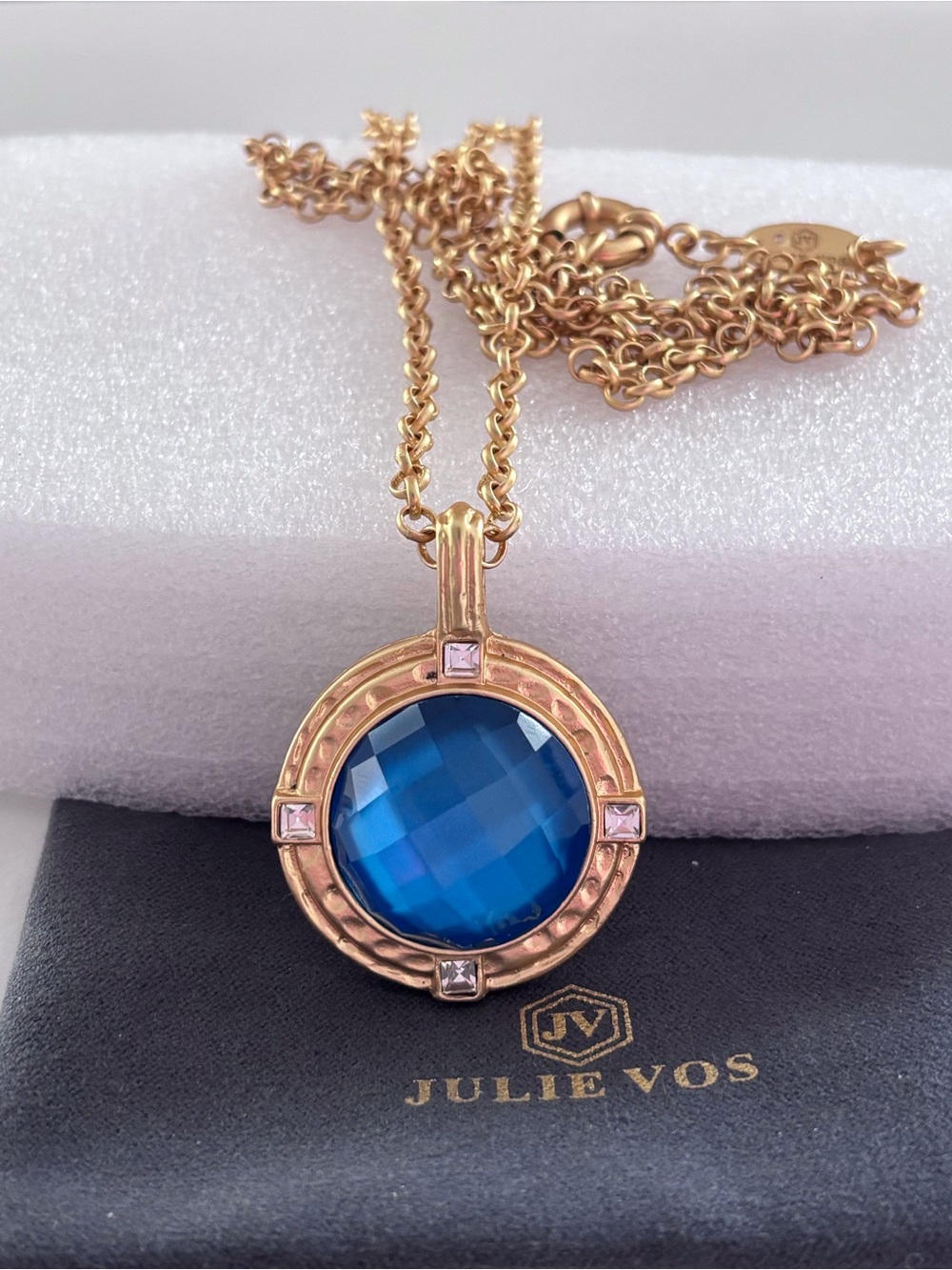 NWOT Julie Vos Gold-Tone Necklace with Mountain Blue Round Pendant